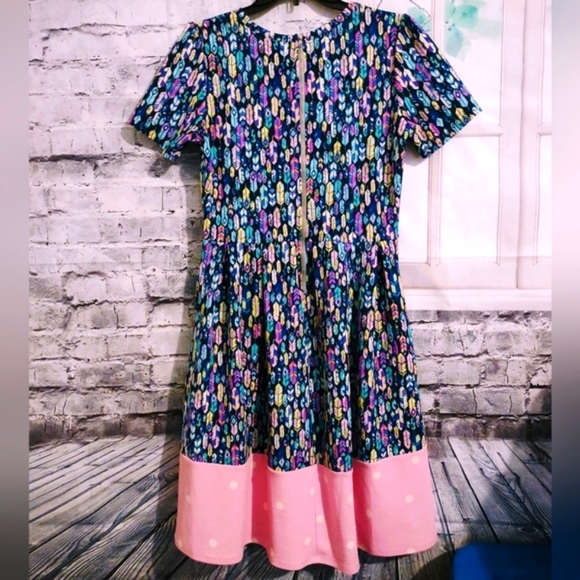 LULAROE AMELIA MULTI COLOR FEATHER PRINT WITH POLKA DOT DRESS WOMEN'S SIZE L - Picture 3 of 8
